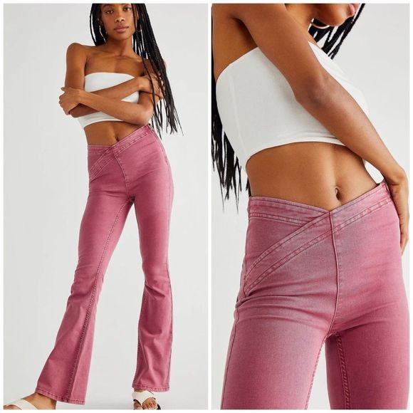 Free People Denim - We The Free Juliet Flare Wide Leg Pants in Red Crossover Waistband